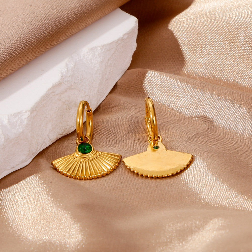 New Retro Round Green Zircon Fan Shaped Pendant Earrings – 18K Gold Stainless Steel Jewelry for Women