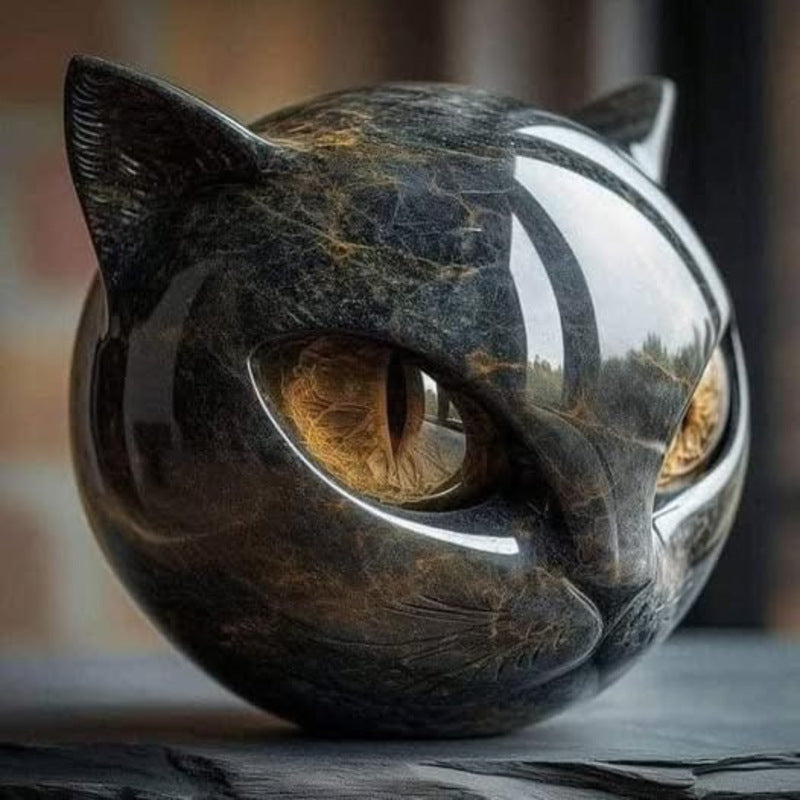 Black Cat Stone Statue – Resin Marble Texture Healing Stone Figurine for Home & Office Decor