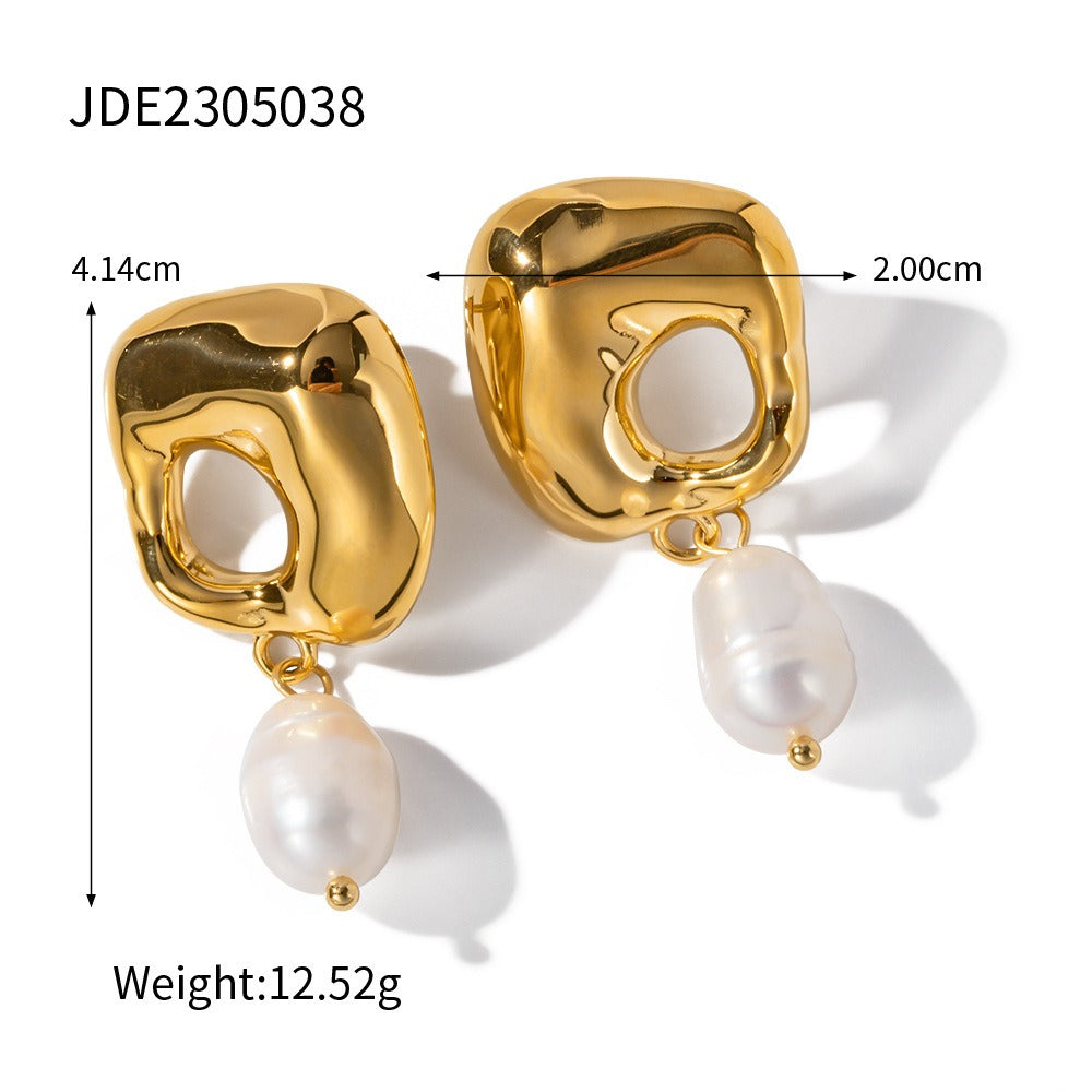 18K Gold Stainless Steel Freshwater Pearl Irregular Pendant Earrings – Luxury Non-Fading Jewelry for Women