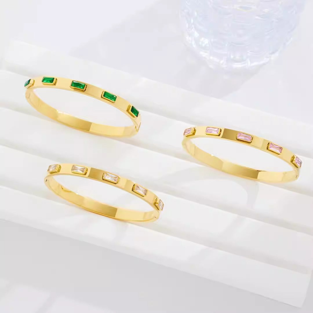 18K Gold Zircon Bracelet – Vacuum Plated Green & White Square Inlaid Fashion Jewelry
