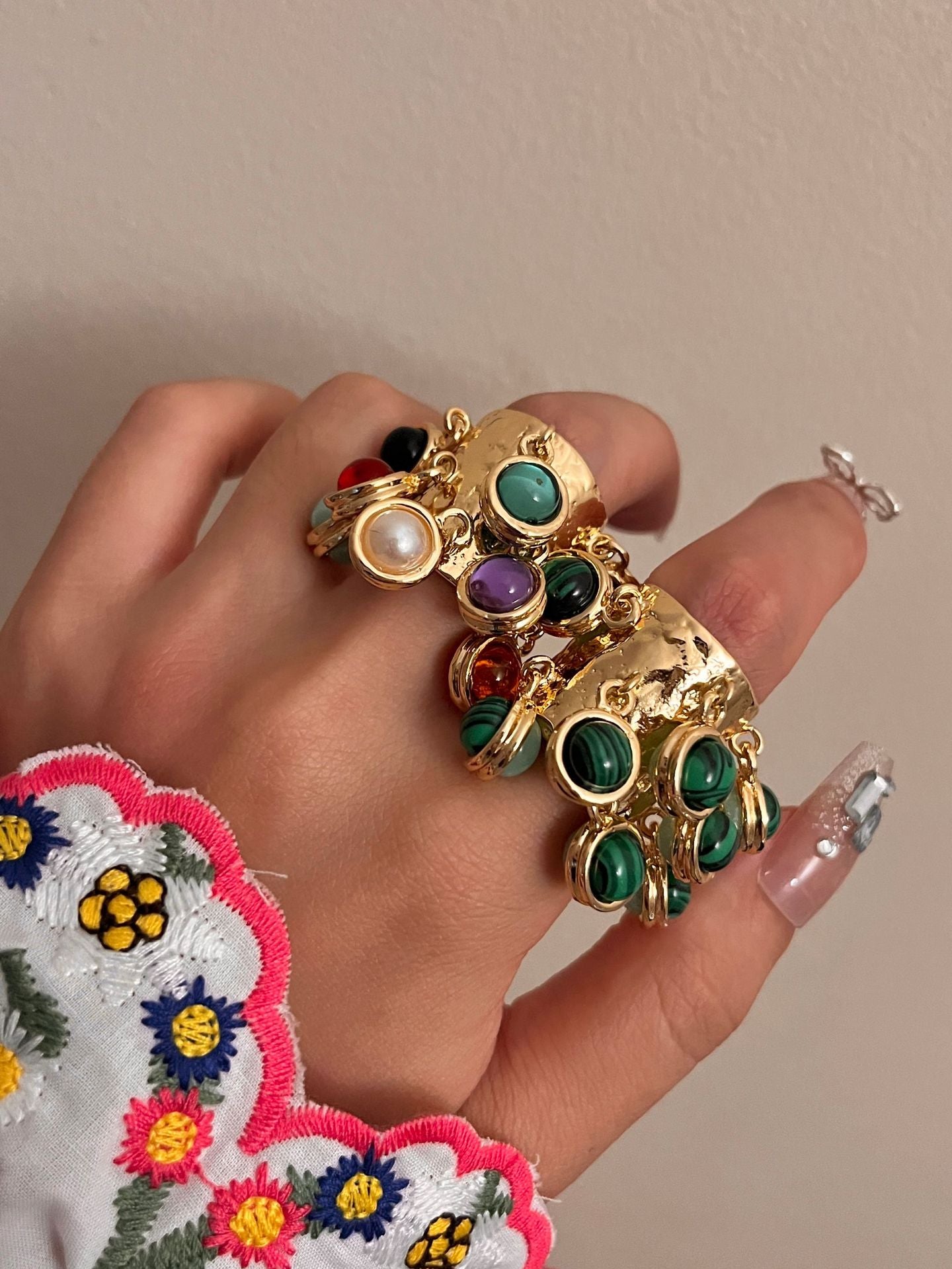 Retro court natural gemstone peacock stone glass multi pendant high-end tassel open ring