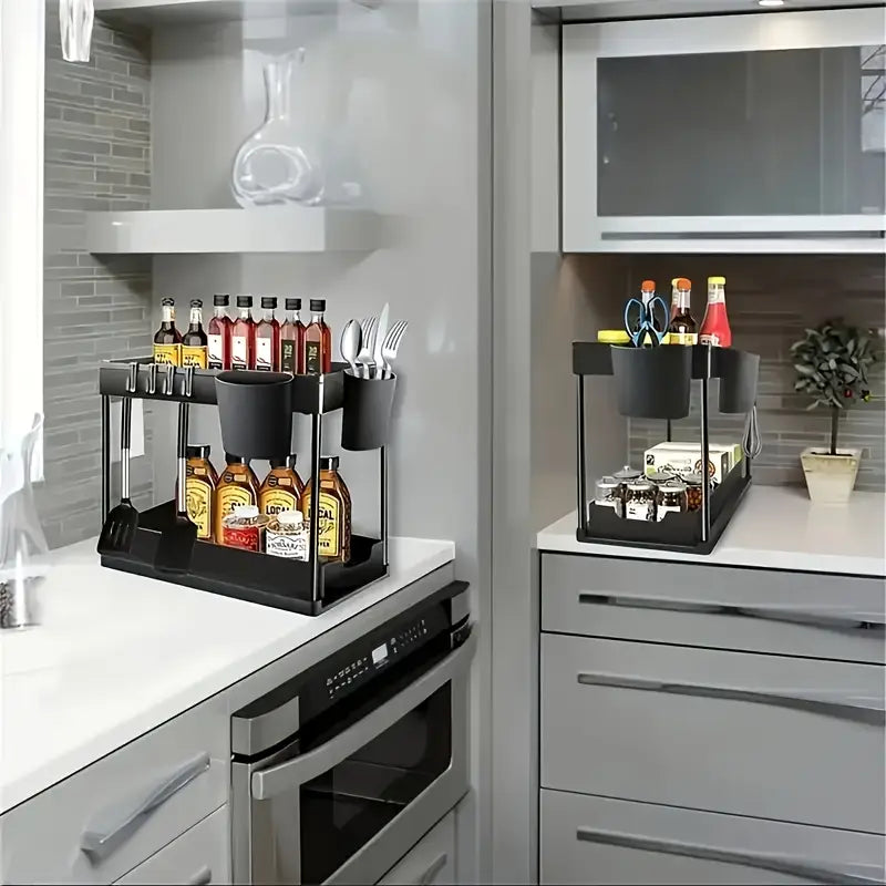 2-Tier Sliding Under Sink Organizer with Metal Frame – Multi-Purpose Storage Basket for Kitchen & Bathroom (Black/White)