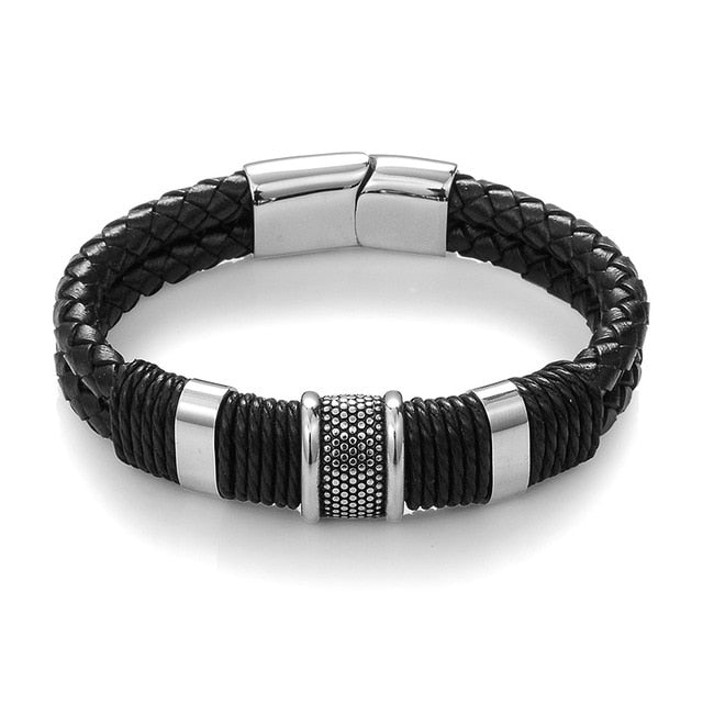 Black Braid Woven Leather Titanium Stainless Steel Bracelet – Men’s Vintage Jewelry Bangle