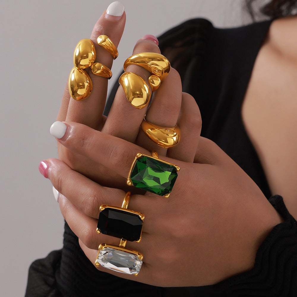 Diamond Inlaid Geometric Ring – Gold-Plated Titanium Steel Textured Women's Index Finger Jewelry