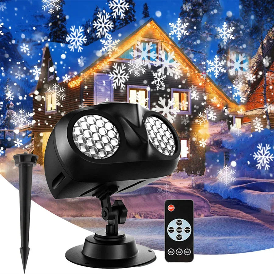 Double-Head Christmas Snowfall Projector Light – Rotating Snowflake Projector Lamp for Outdoor Holiday Party Decoration