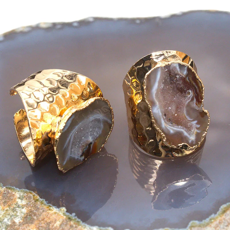 Agates Ring Slice Druzy Handmade Electroplated Goldtone Plated Natural Stone Ring from Brazil