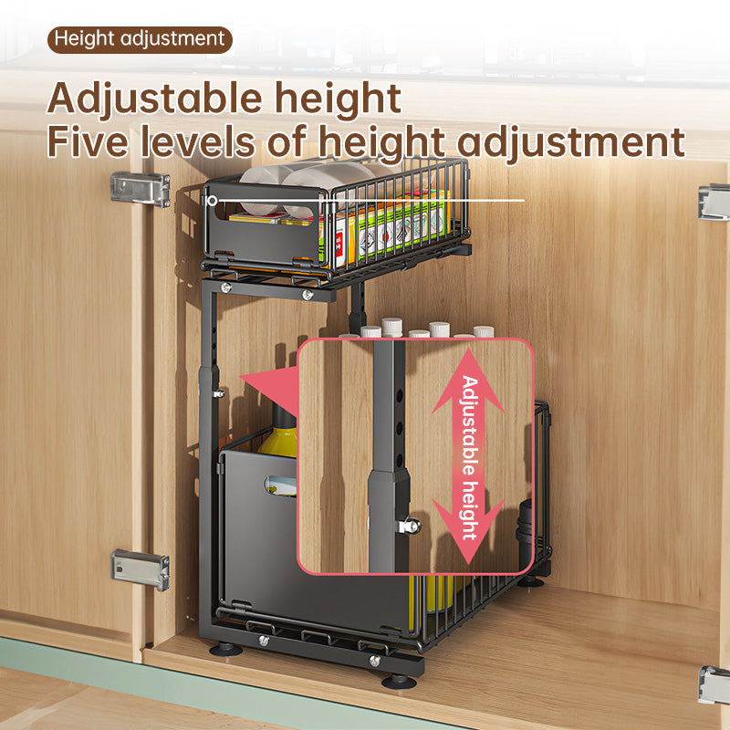 2-Tier Pull-Out Cabinet Organizer – Adjustable Under-Sink Kitchen Basket & Drawer Slide Spice Rack