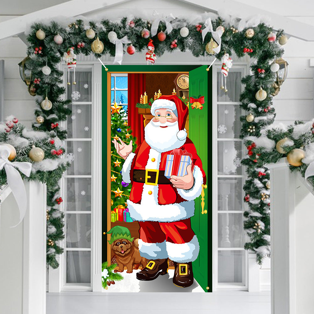 Christmas Door Curtains & Flags – Santa Claus & Puppies Hanging Cloth Background Decoration