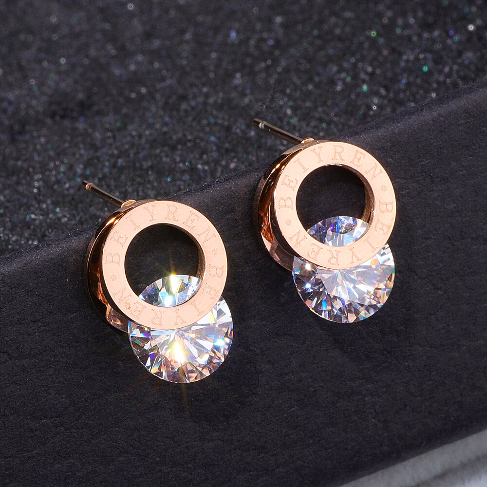 Trendy Shine AAA Zirconia Rose Gold 316L Stainless Steel Stud Earrings – Fashion Jewelry WX028
