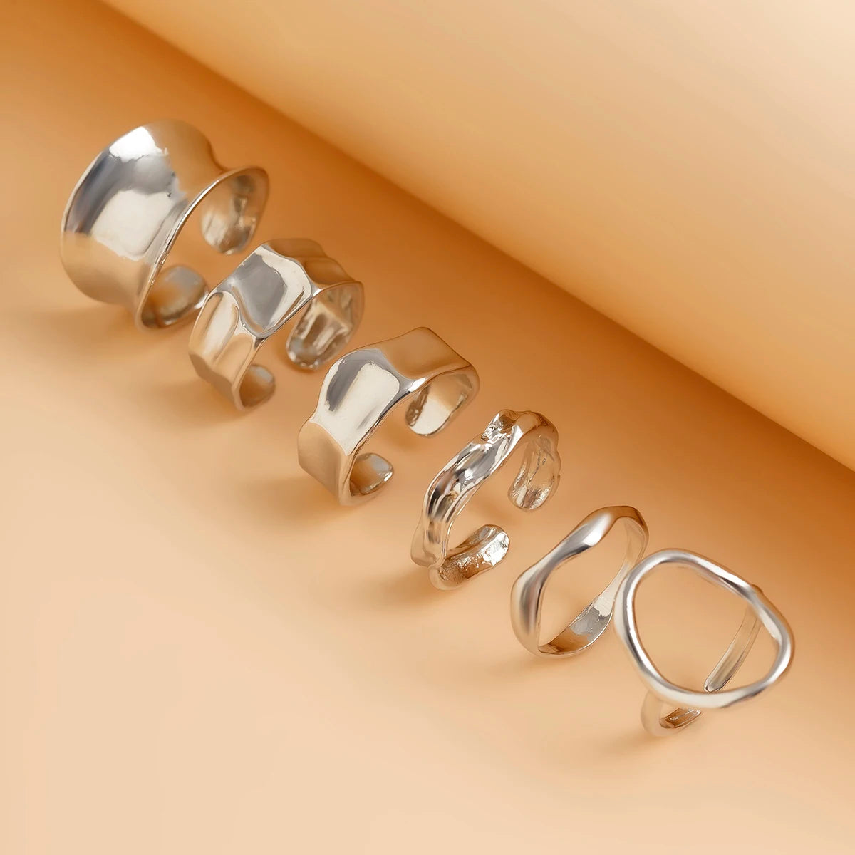 Ingemark 6Pcs Punk Irregular Hollow Folded Metal Cuff Rings – Vintage Geometric Adjustable Open Finger Rings for Women