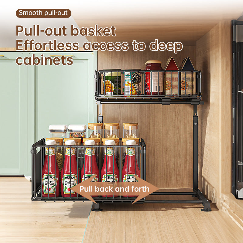 2-Tier Pull-Out Cabinet Organizer – Adjustable Under-Sink Kitchen Basket & Drawer Slide Spice Rack