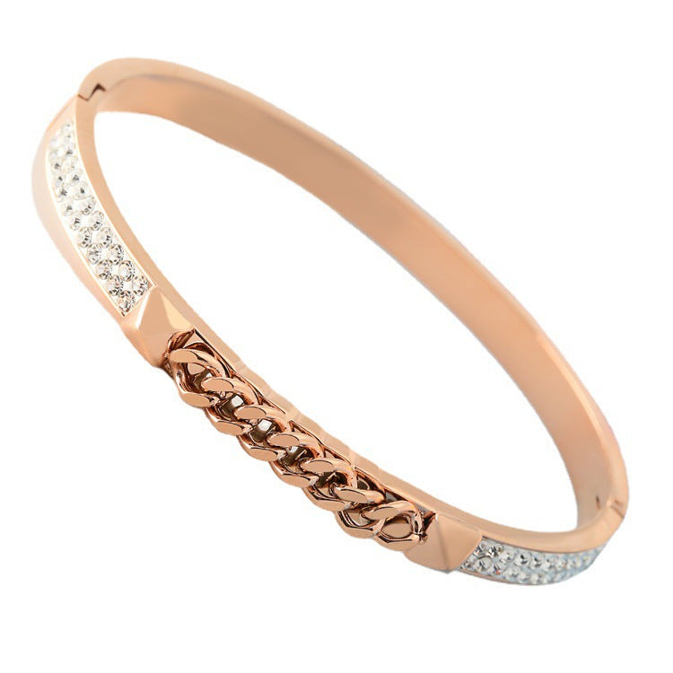 Rose Gold Open Diamond Stainless Steel Bracelet – Korean Light Luxury Temperament Jewelry for Women