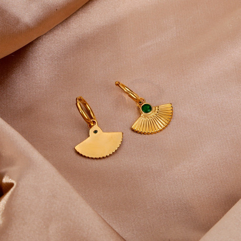New Retro Round Green Zircon Fan Shaped Pendant Earrings – 18K Gold Stainless Steel Jewelry for Women