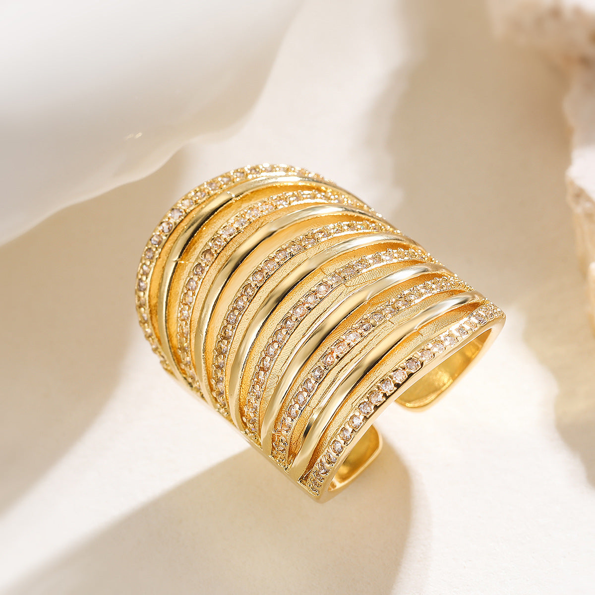 European and American Irregular Geometric Zircon Copper Ring – Luxury Exaggerated Women’s Fashion Jewelry