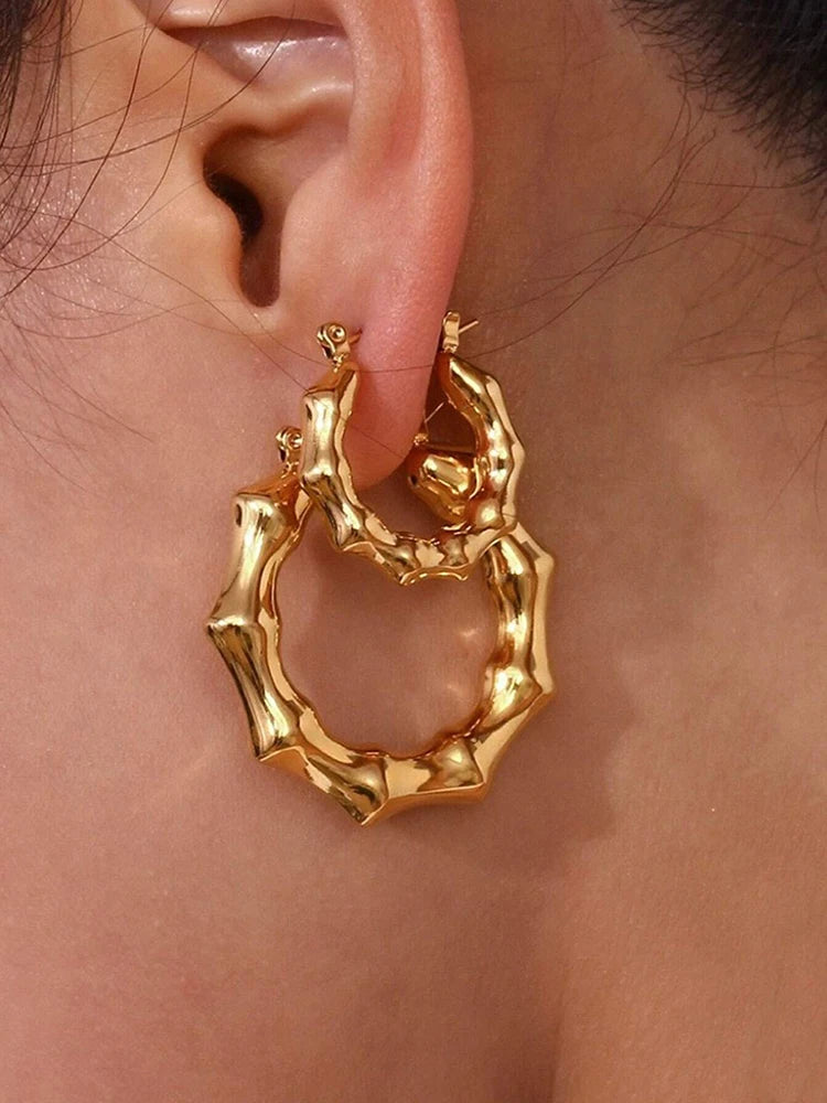 Bamboo Stainless Steel Hoop Earrings for Women – Chunky Thick Gold Color Hoops, Unique Charm Jewelry Gift