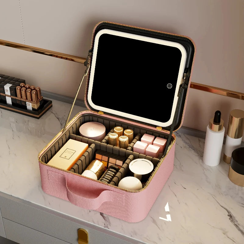 Light Up Box Vanity Organizer Portable Makeup Bag Mirror with LED Light – Travel Cosmetic Storage Case