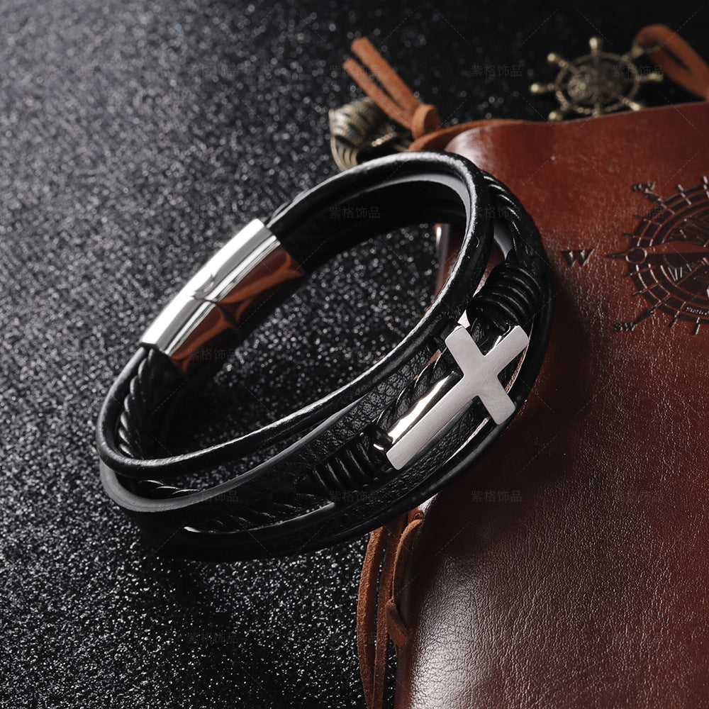 Braided Handmade Leather Magnetic Buckle Cross Bracelet – Men’s Titanium Steel Jewelry