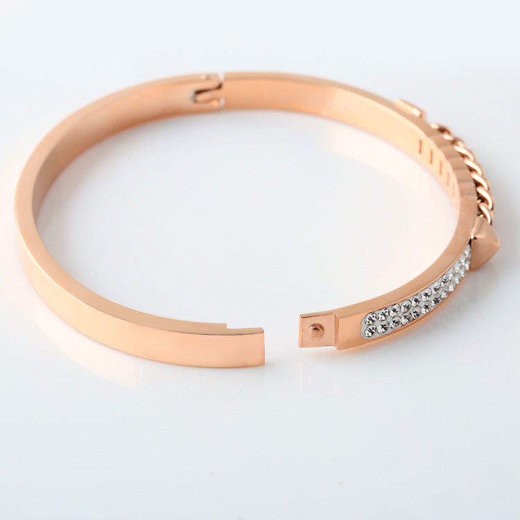 Rose Gold Open Diamond Stainless Steel Bracelet – Korean Light Luxury Temperament Jewelry for Women