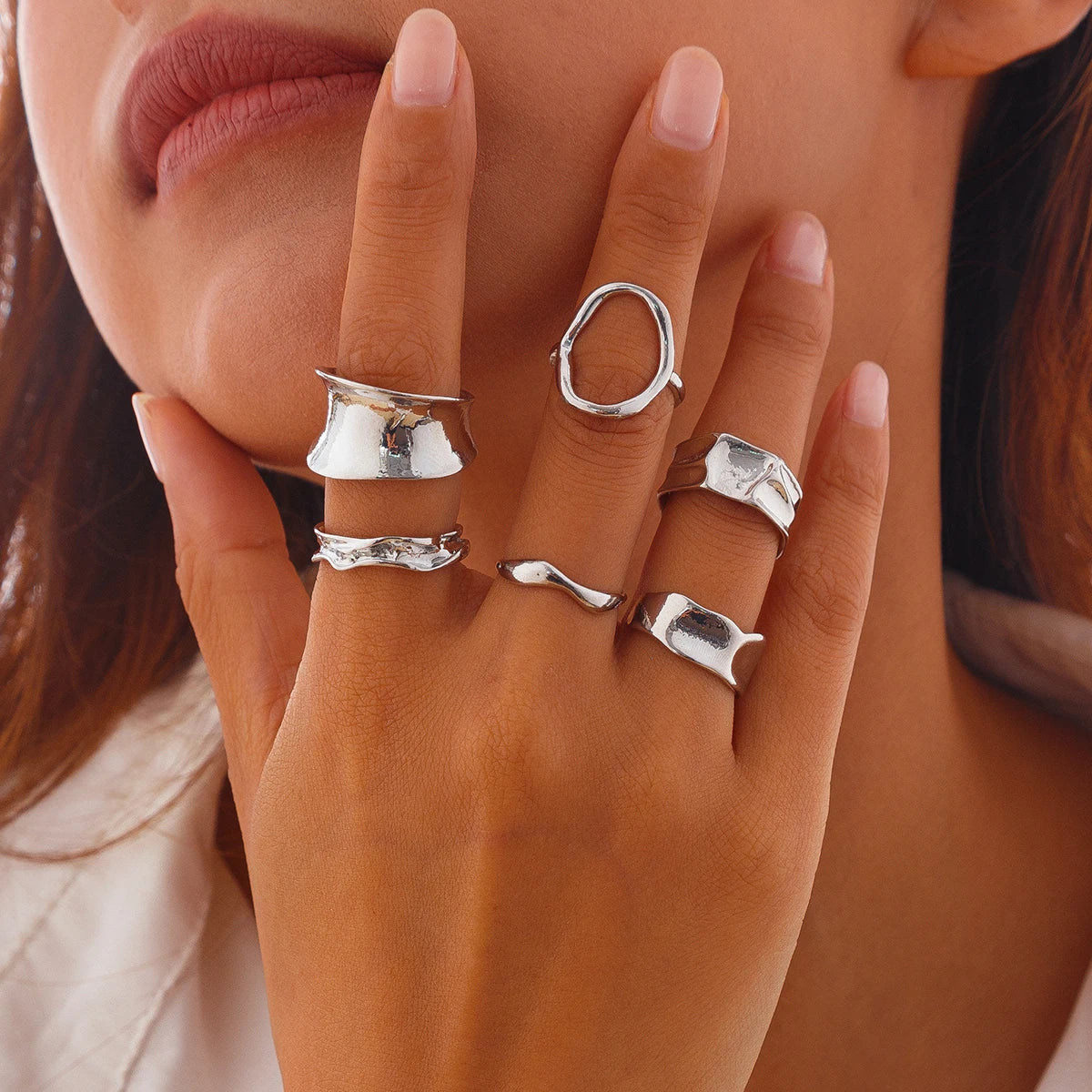 Ingemark 6Pcs Punk Irregular Hollow Folded Metal Cuff Rings – Vintage Geometric Adjustable Open Finger Rings for Women