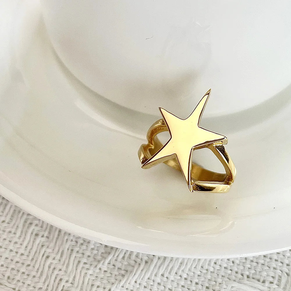Star Rings for Women – Trendy 18K Gold Plated Stainless Steel Geometric Titanium Fashion Jewelry