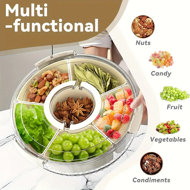 1pc Rotating Snack Tray with Lid – Round Food Organizer for Nuts, Candy & Dried Fruit