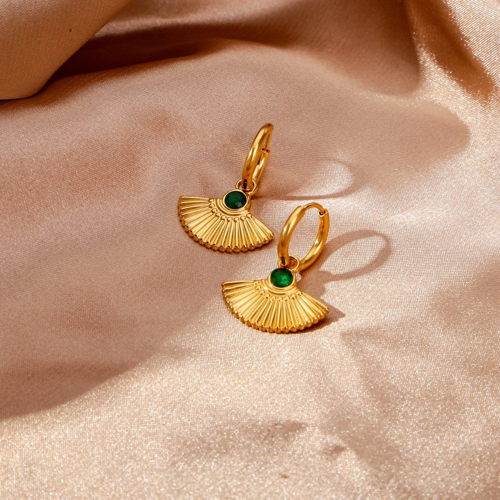 New Retro Round Green Zircon Fan Shaped Pendant Earrings – 18K Gold Stainless Steel Jewelry for Women