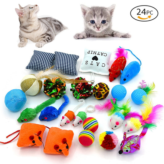 Cat Toy Set – 24-Piece Pet Catnip Bag, Rainbow Ball & Colorful Mouse Play Set