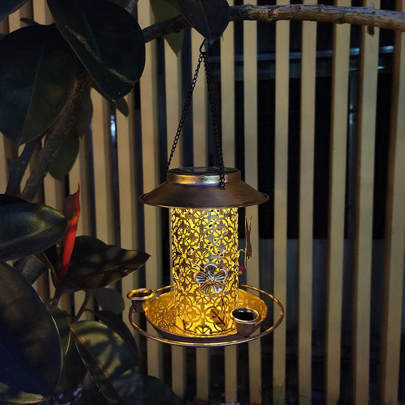 Outdoor Solar Powered Lamp & Metal Hanging Bird Feeder – Dual-Purpose Feeding and Watering Decorative Lamp