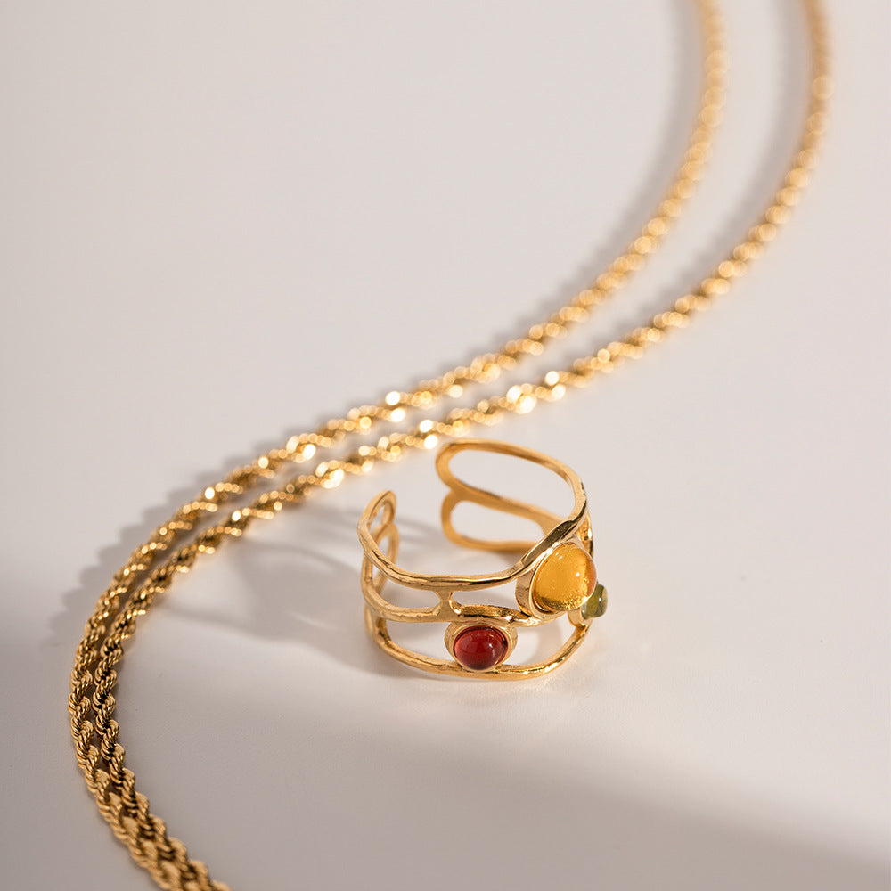 Colorful Inlaid Open Ring – Retro Palace Style Titanium Steel Light Luxury Jewelry for Women