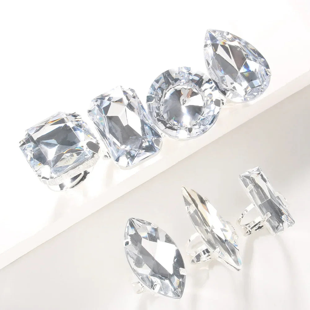 Exaggerated 7PCS White Rhinestone Ring Set – Large Geometric Heart Bridal Wedding Fashion Jewelry for Women