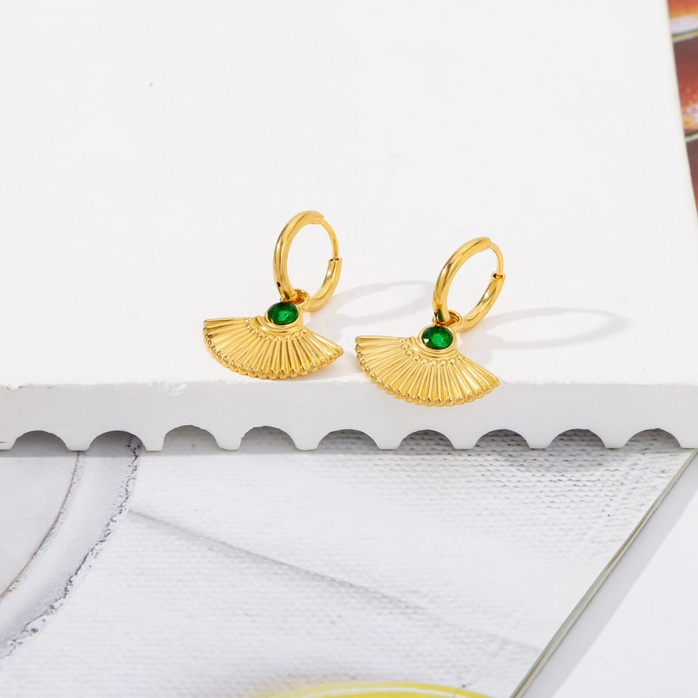 New Retro Round Green Zircon Fan Shaped Pendant Earrings – 18K Gold Stainless Steel Jewelry for Women