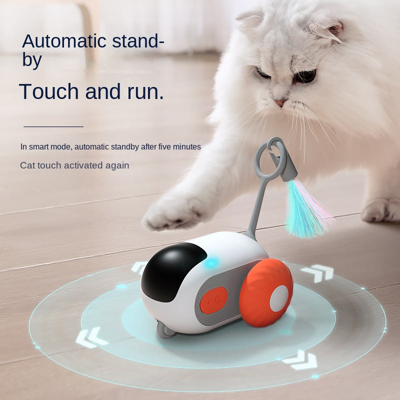 Pet Attraction Running Car Smart Toy – Teaser Wand Feather Toy with Autonomous Driving Mode