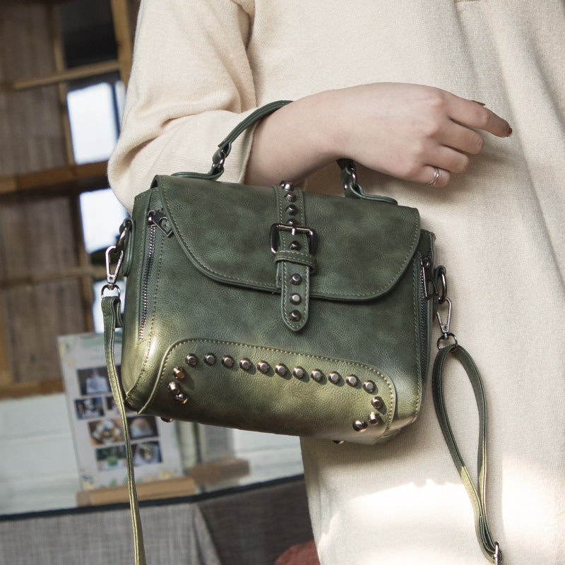 White Vintage Oil Leather Luxury Handbags – Designer Crossbody & Rivet Small Handbag for Women