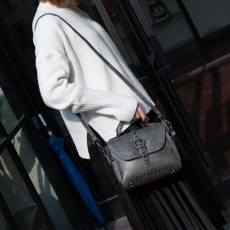 White Vintage Oil Leather Luxury Handbags – Designer Crossbody & Rivet Small Handbag for Women