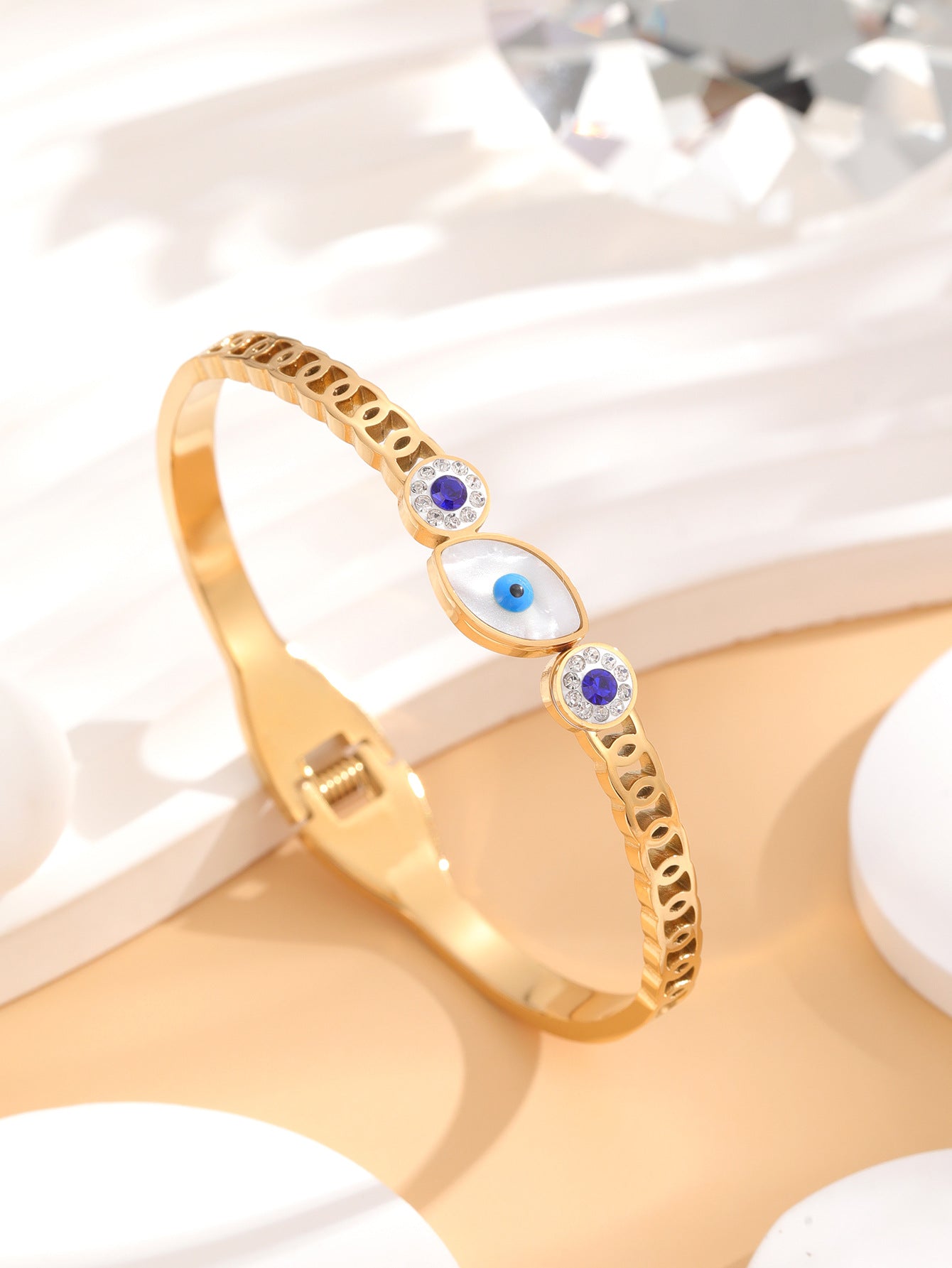 Evil Eye Stainless Steel Bracelet – Trendy Fashion Ethnic Style Inlaid Shell Jewelry for Women