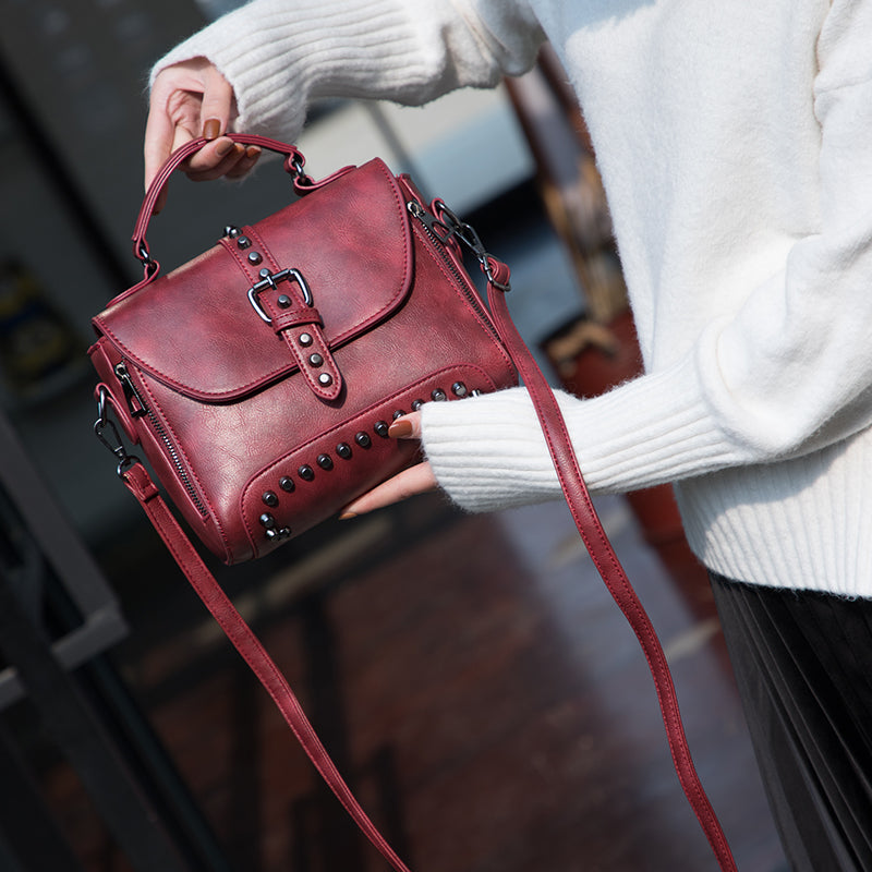 White Vintage Oil Leather Luxury Handbags – Designer Crossbody & Rivet Small Handbag for Women