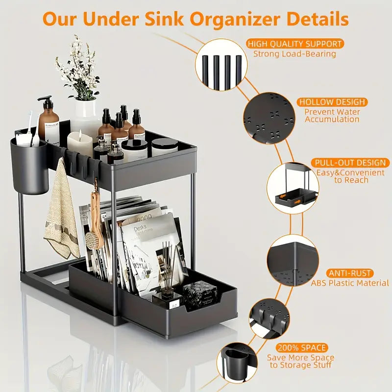 2-Tier Sliding Under Sink Organizer with Metal Frame – Multi-Purpose Storage Basket for Kitchen & Bathroom (Black/White)
