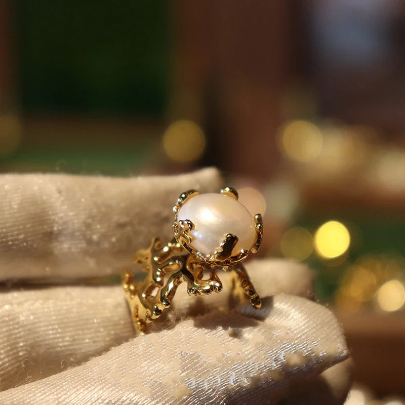 Sea Moon Coral Baroque Pearl Ring – Jinser Retro Classic Luxury Jewelry