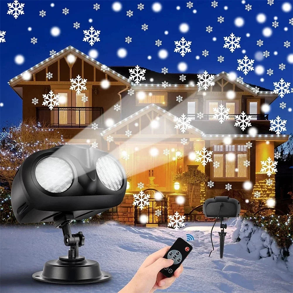 Double-Head Christmas Snowfall Projector Light – Rotating Snowflake Projector Lamp for Outdoor Holiday Party Decoration