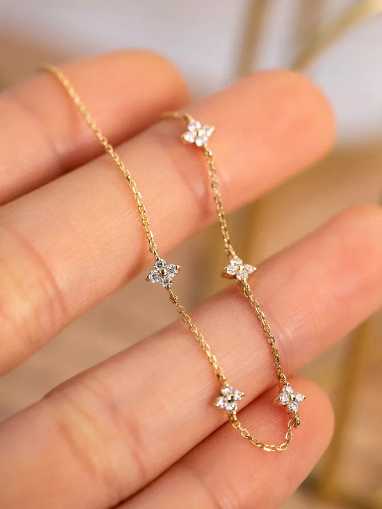 925 Sterling Silver Zircon Bracelet – Five Small Flower Gold & Silver Party Wedding Jewelry