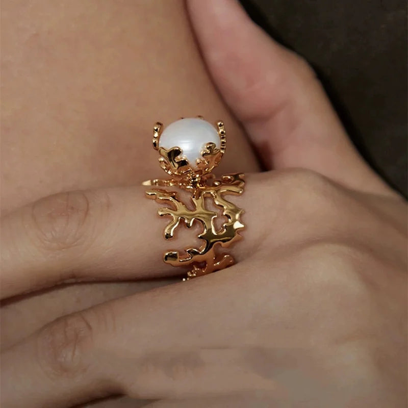 Sea Moon Coral Baroque Pearl Ring – Jinser Retro Classic Luxury Jewelry
