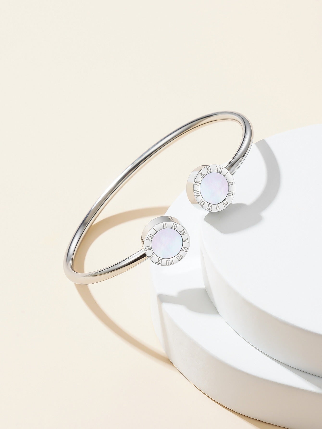 Stainless Steel Roman Mother-of-Pearl 18K Open Bracelet – Simple Luxury Women’s Jewelry