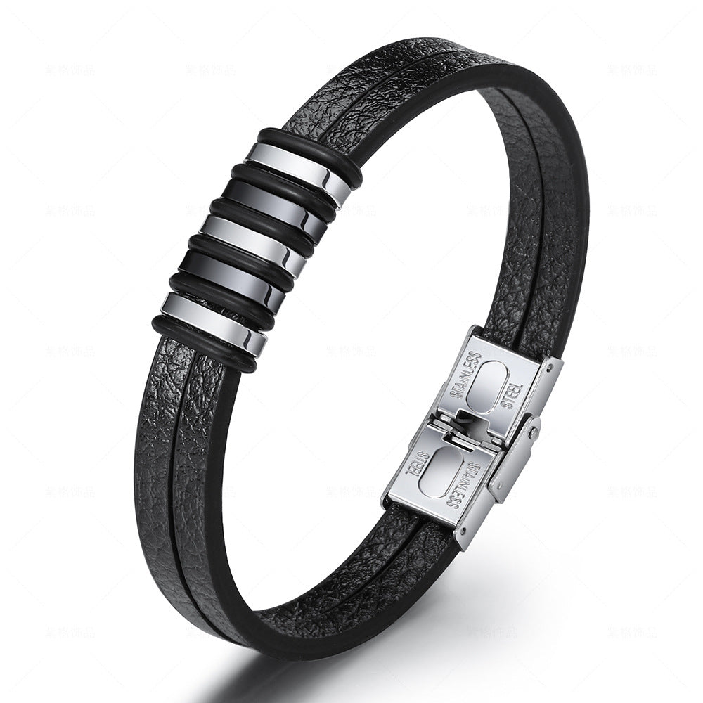 Stainless Steel Men’s Leather Bracelet – Original Simple Versatile Titanium Steel Jewelry