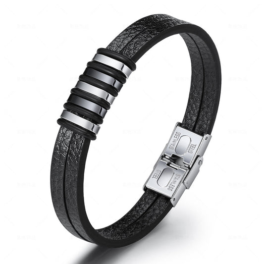 Stainless Steel Men’s Leather Bracelet – Original Simple Versatile Titanium Steel Jewelry