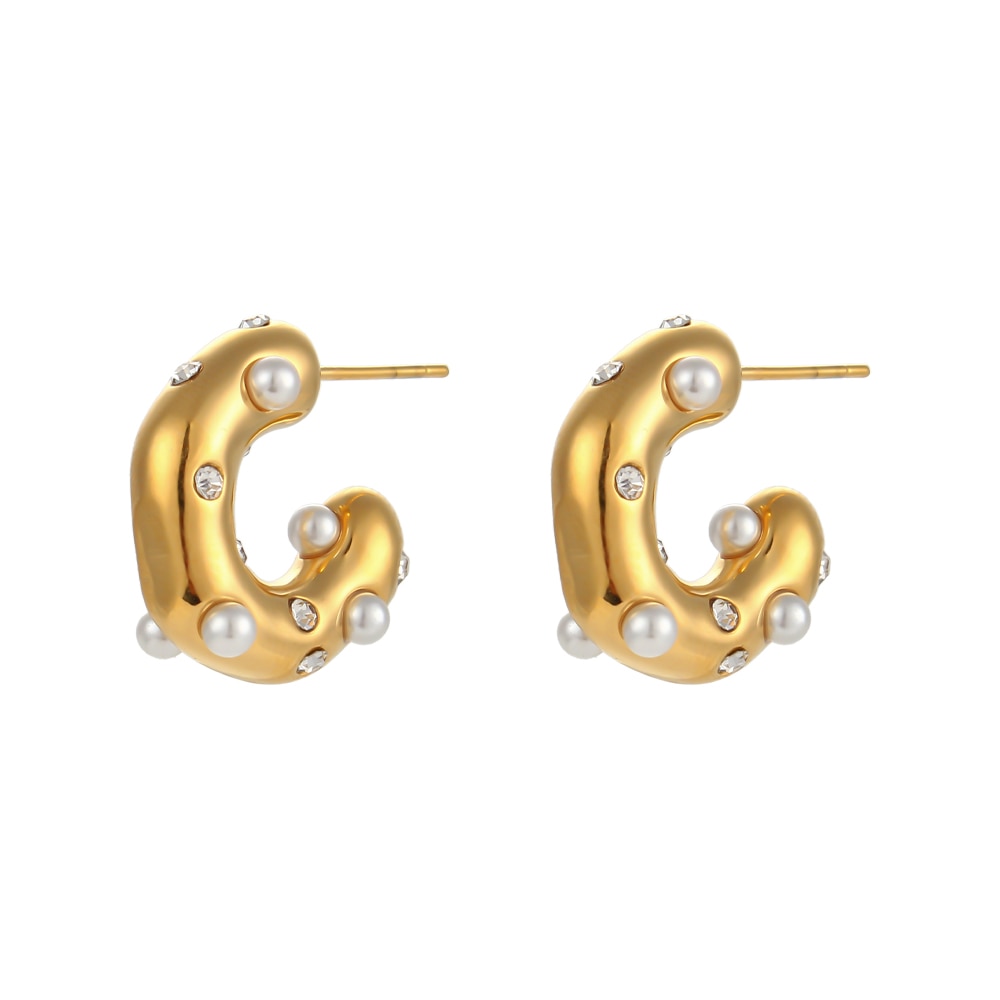 Women’s Chunky Stainless Steel Gold Plated Earrings – Bold Pearl & Zircon Statement Earrings