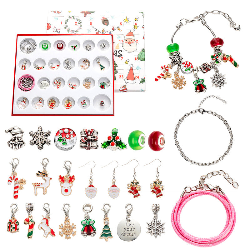 DIY Creative Children’s Bracelet Jewelry – 24-Grid Calendar Christmas Holiday Surprise Blind Box Silver Set