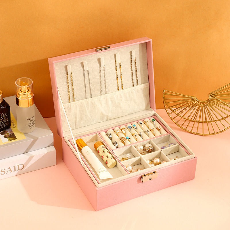 Luxury Double Layer Leather Jewelry Box with Lock – High Capacity Storage for Rings, Necklaces & Earrings