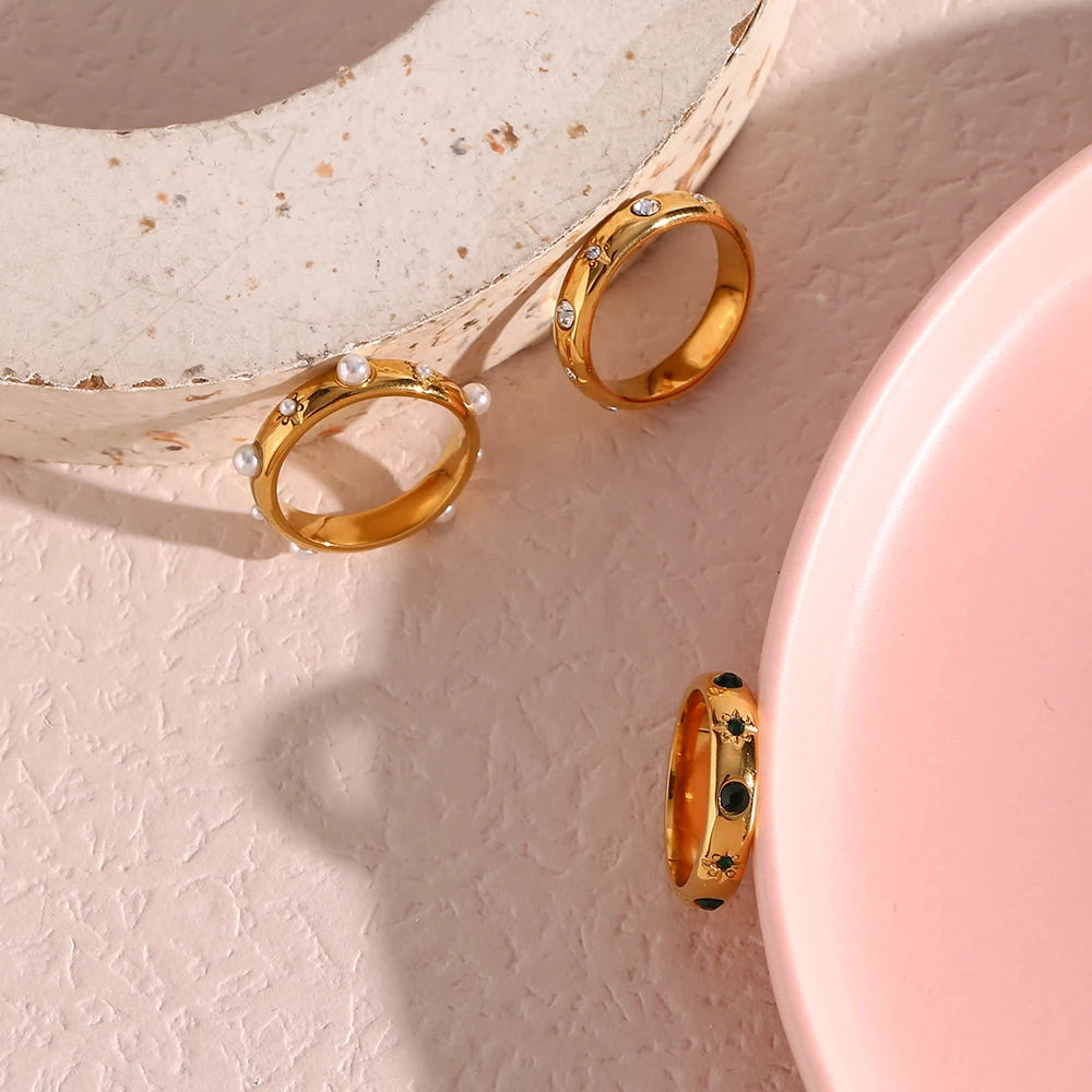 18K Gold Plated Green Zircon Pearl Rings for Women – Waterproof, Hypoallergenic, Dainty Jewelry