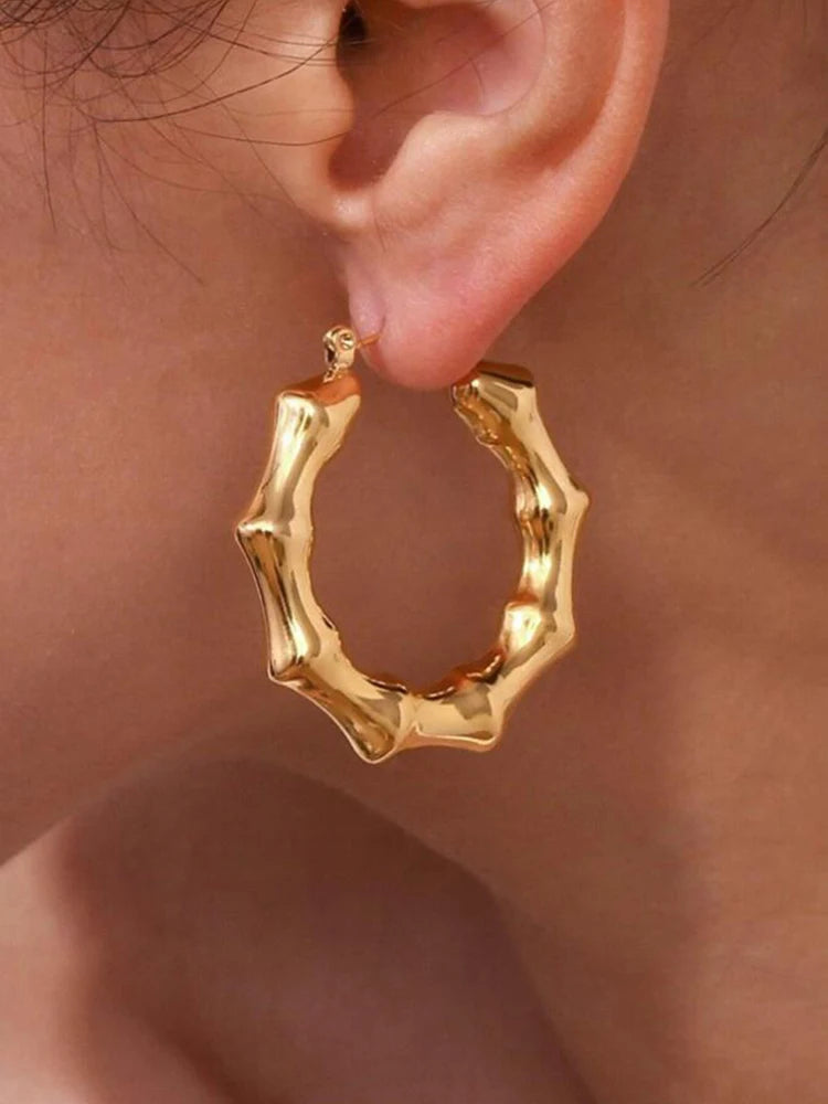 Bamboo Stainless Steel Hoop Earrings for Women – Chunky Thick Gold Color Hoops, Unique Charm Jewelry Gift