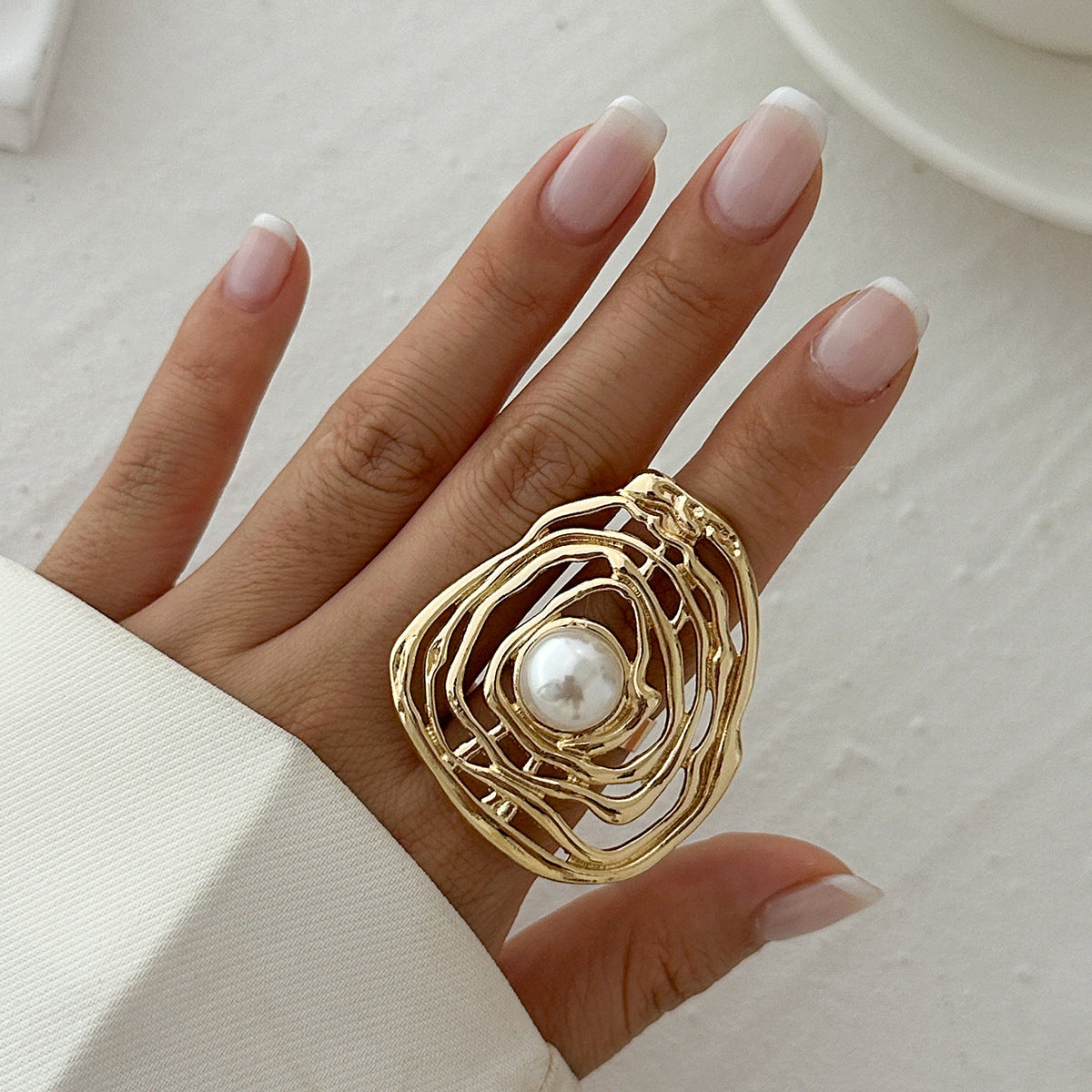 Irregular Hollow Imitation Pearl Ring – INS Style Niche Alloy Open Ring for Women
